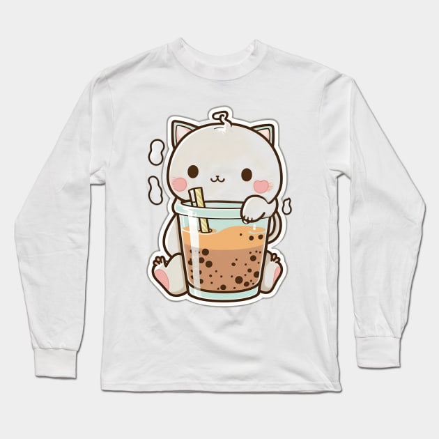 Cute Cat Drinking Bubble Tea Cartoon Boba Drawing Long Sleeve T-Shirt by kiddo200